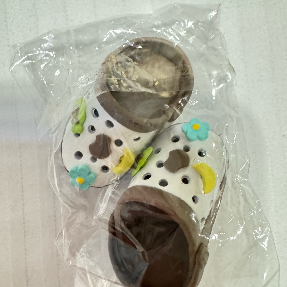 Labubu toy White and Brown Croc with Floral Accents